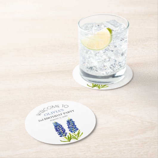 2e Verjaardag Party Bluebonnets Bloemen Baby Meisj Ronde Kartonnen Onderzetter (Insitu)