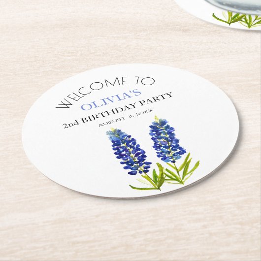 2e Verjaardag Party Bluebonnets Bloemen Baby Meisj Ronde Kartonnen Onderzetter (Gebogen)
