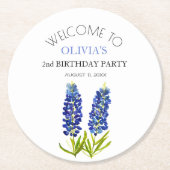 2e Verjaardag Party Bluebonnets Bloemen Baby Meisj Ronde Kartonnen Onderzetter (Voorkant)