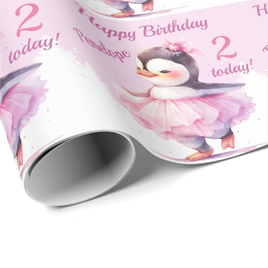 2e verjaardag Penguin Ballerina Pink Cadeaupapier (Rol Hoek)