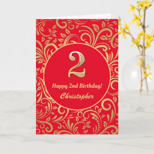 2e verjaardag: Red en Gold Floral Pattern Kaart (Gele Bloem)