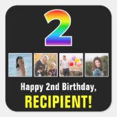 2e Verjaardag: Regenboog "2"; Aangepaste Foto's &  Vierkante Sticker (Voorkant)