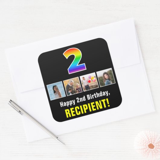 2e Verjaardag: Regenboog "2"; Aangepaste Foto's &  Vierkante Sticker (Envelop)