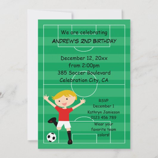 2e verjaardag Rode en Witte Voetbal Uitnodiging (Achterkant)
