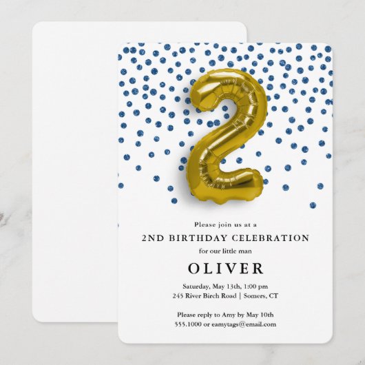 2e Verjaardag Royal Blue Confetti en Gold Balloon Kaart (Voorkant / Achterkant)