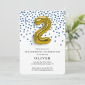 2e Verjaardag Royal Blue Confetti en Gold Balloon Kaart (Staand voorkant)