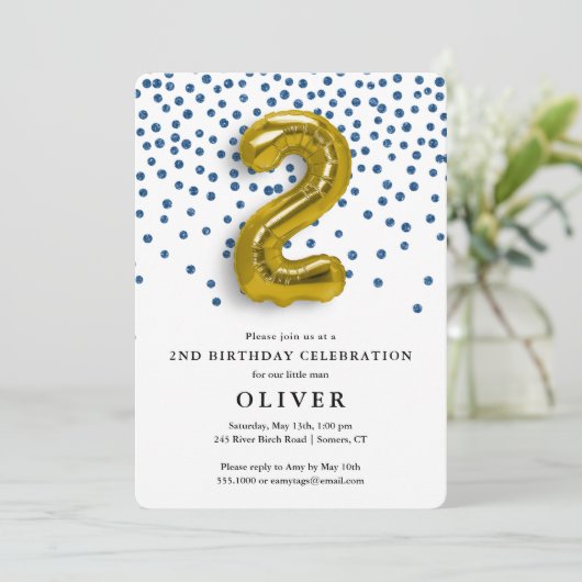 2e Verjaardag Royal Blue Confetti en Gold Balloon Kaart (Staand voorkant)