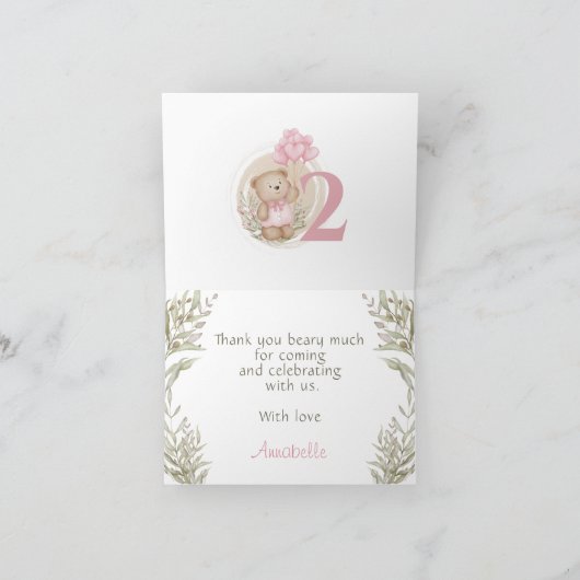 2e Verjaardag Roze Beer Dank u kaart (Binnen)