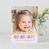 2e Verjaardag Roze Blauw Confetti Fotouitnodiging Kaart (Staand voorkant)