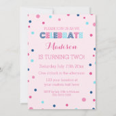 2e Verjaardag Roze Blauw Confetti Fotouitnodiging Kaart (Achterkant)