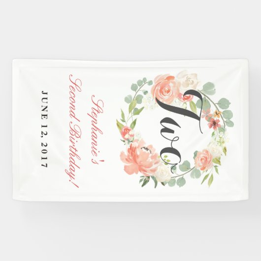 2e Verjaardag Roze Bloemenkrans Twee Banner (Horizontaal)