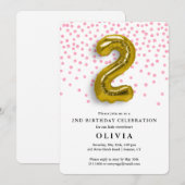 2e Verjaardag Roze Confetti en Gouden Ballon Kaart (Voorkant / Achterkant)