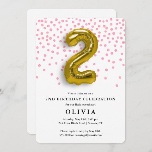 2e Verjaardag Roze Confetti en Gouden Ballon Kaart (Voorkant / Achterkant)
