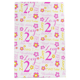 2e Verjaardag roze geel aangepaste naam cadeau tas Medium Cadeauzakje