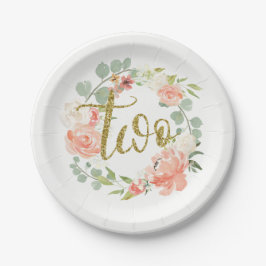 2e Verjaardag Roze Goud Bloemen Krans Papier Bord