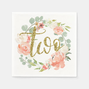 2e verjaardag roze goud bloemenkrans servet