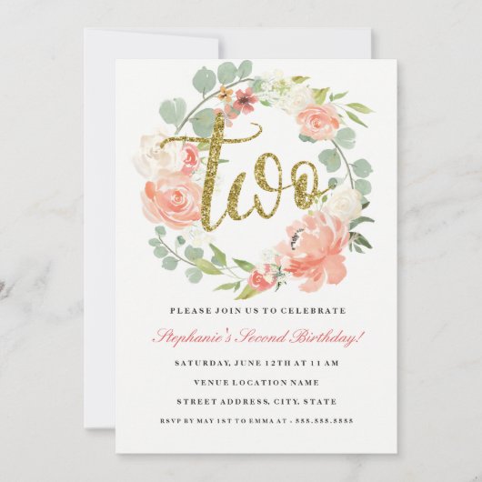 2e verjaardag roze goud bloemenkrans uitnodiging (Voorkant)