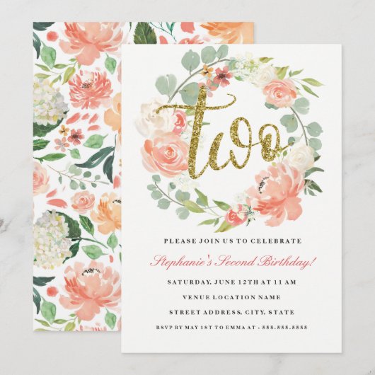 2e verjaardag roze goud bloemenkrans uitnodiging (Voorkant / Achterkant)