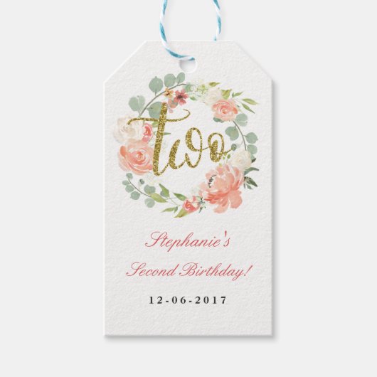 2e verjaardag Roze Gouden Bloemenkrans Labels Cadeaulabel (Voorkant)