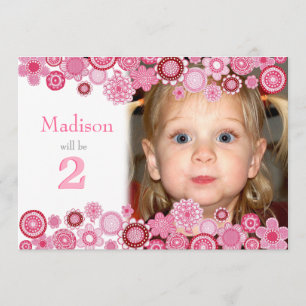 2e verjaardag Roze partijnummer Foto uitnodiging