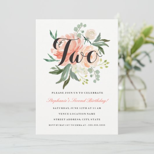 2e Verjaardag Roze Perzik Bloemen Twee Uitnodiging (Staand voorkant)