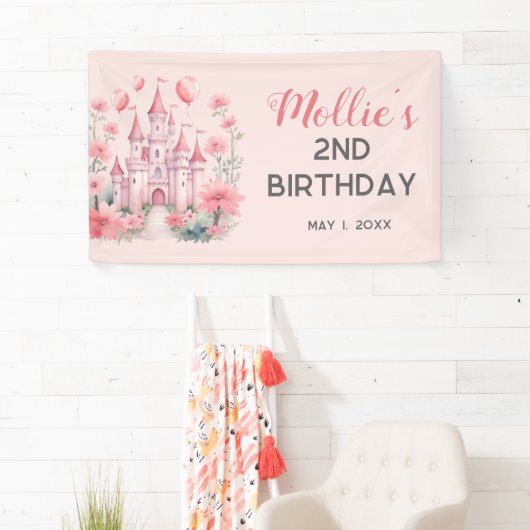 2e Verjaardag Roze Prinses Kasteel Ballonnen Spandoek (Insitu)