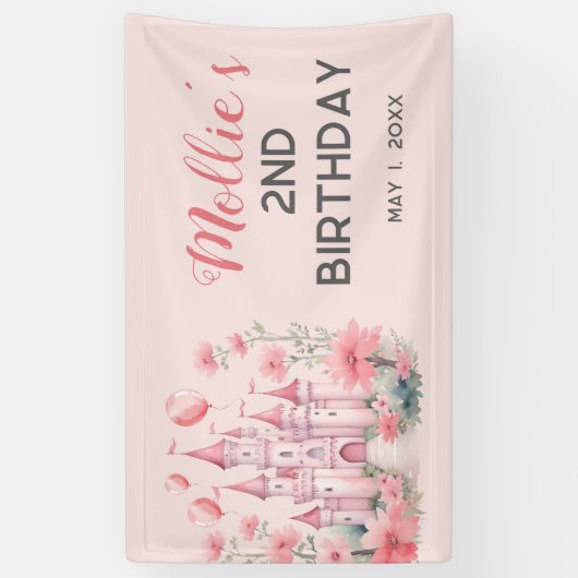 2e Verjaardag Roze Prinses Kasteel Ballonnen Spandoek (Verticaal)