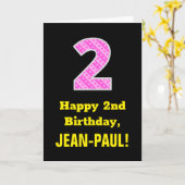 2e verjaardag: Roze strepen en hart "2" + Naam Kaart (Gele Bloem)