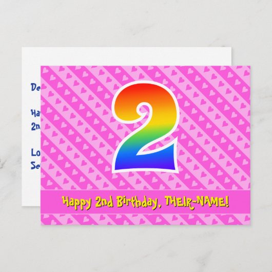 2e verjaardag: Roze strepen & harten, Regenboog 2 Briefkaart (Voorkant / Achterkant)