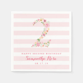 2e Verjaardag Roze Strepen & Waterverf Bloemen TWE Servet