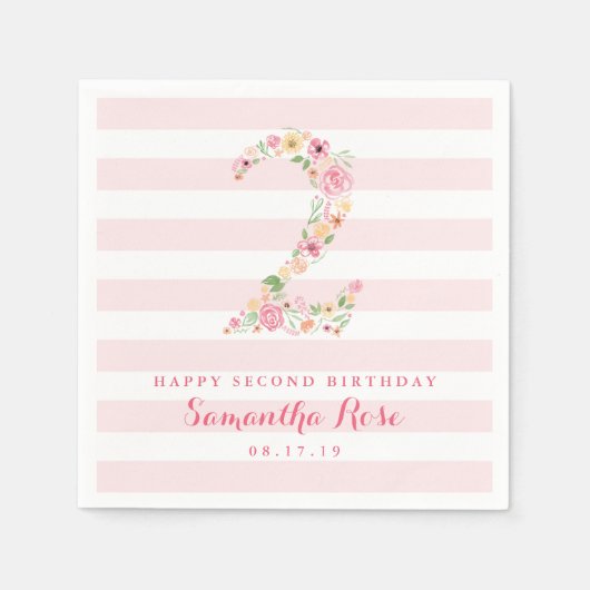 2e Verjaardag Roze Strepen & Waterverf Bloemen TWE Servet (Voorkant)