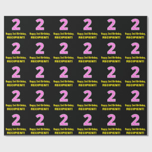 2e verjaardag: Roze strips en harten "2" + Naam Cadeaupapier