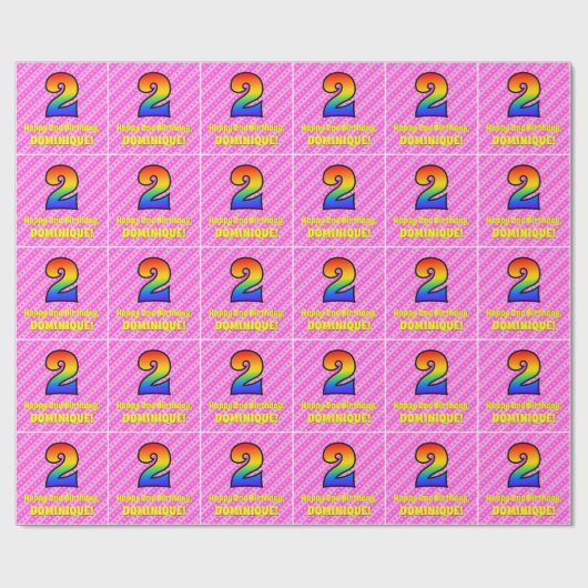 2e verjaardag: Roze strips & harten, regenboognr.  Cadeaupapier (Vlak)
