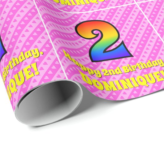 2e verjaardag: Roze strips & harten, regenboognr.  Cadeaupapier (Rol Hoek)