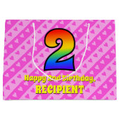 2e verjaardag: Roze strips & harten, regenboognr.  Groot Cadeauzakje (Voorkant)