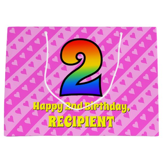 2e verjaardag: Roze strips & harten, regenboognr.  Groot Cadeauzakje (Voorkant)