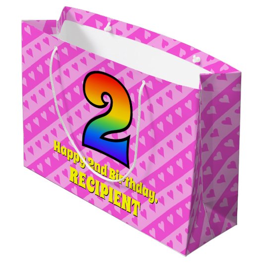 2e verjaardag: Roze strips & harten, regenboognr.  Groot Cadeauzakje (Achterkant Gekanteld)