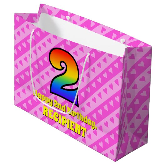 2e verjaardag: Roze strips & harten, regenboognr.  Groot Cadeauzakje (Voorkant Gekanteld)