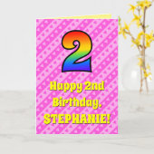 2e verjaardag: Roze strips & harten, regenboognr.  Kaart (Gele Bloem)