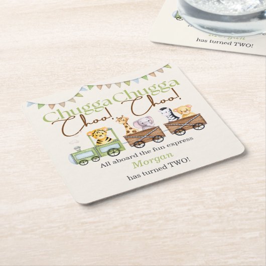 2e Verjaardag Schattige Chugga Waterverf Dierentre Kartonnen Onderzetters (Schuin)