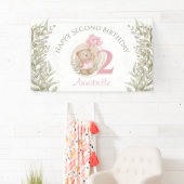 2e Verjaardag Schattige Teddy Bear Groen Roze Bann Spandoek (Insitu)
