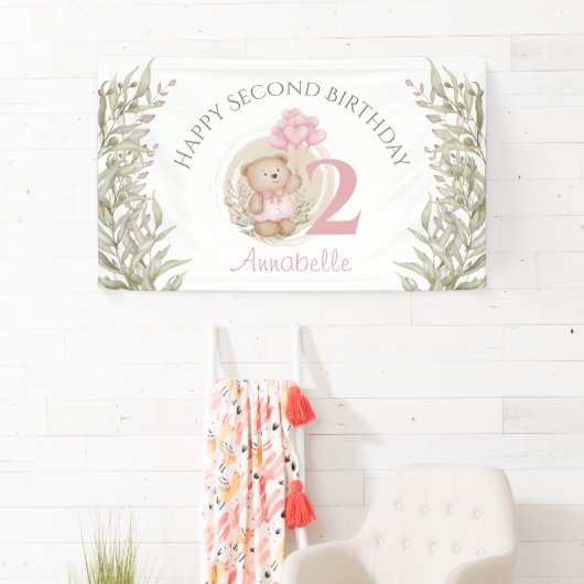 2e Verjaardag Schattige Teddy Bear Groen Roze Bann Spandoek (Insitu)