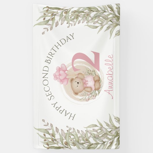 2e Verjaardag Schattige Teddy Bear Groen Roze Bann Spandoek (Verticaal)