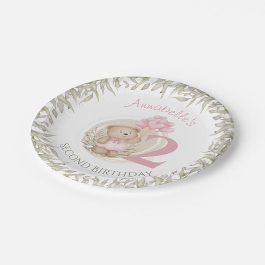 2e Verjaardag Schattige Teddy Bear Hartballonnen R Papieren Bordje (Gekanteld)