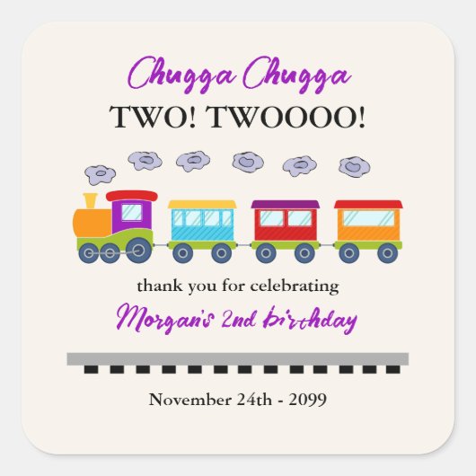 2e verjaardag Schattigee kleurrijke trein Vierkante Sticker (Voorkant)