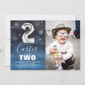 2e verjaardag Silver Balloon | Blauwe fotoparty Kaart (Voorkant)