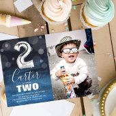 2e verjaardag Silver Balloon | Blauwe fotoparty Kaart
