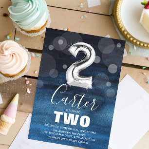2e verjaardag Silver Balloon   Blauwe Partij Kaart