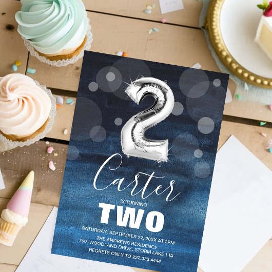 2e verjaardag Silver Balloon | Blauwe Partij Kaart