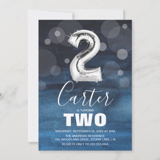 2e verjaardag Silver Balloon | Blauwe Partij Kaart (Voorkant)